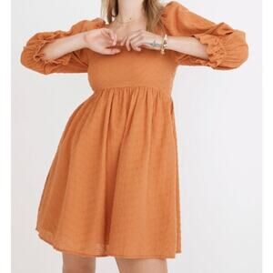 NWT Madewell Size 8 Orange Puff-Sleeve Babydoll Mini Dress Peasant Cotton